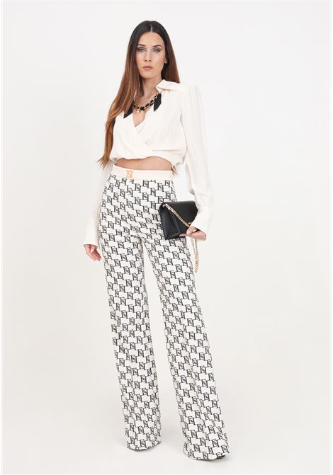 Women's butter-colored and black flared trousers with golden metal logo ELISABETTA FRANCHI | PAS1541E2E84